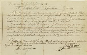 (AMERICAN REVOLUTION.) HANCOCK, JOHN. Document Signed, as Governor, appointing Joseph Fisk Surgeon of the First Regiment of Foot